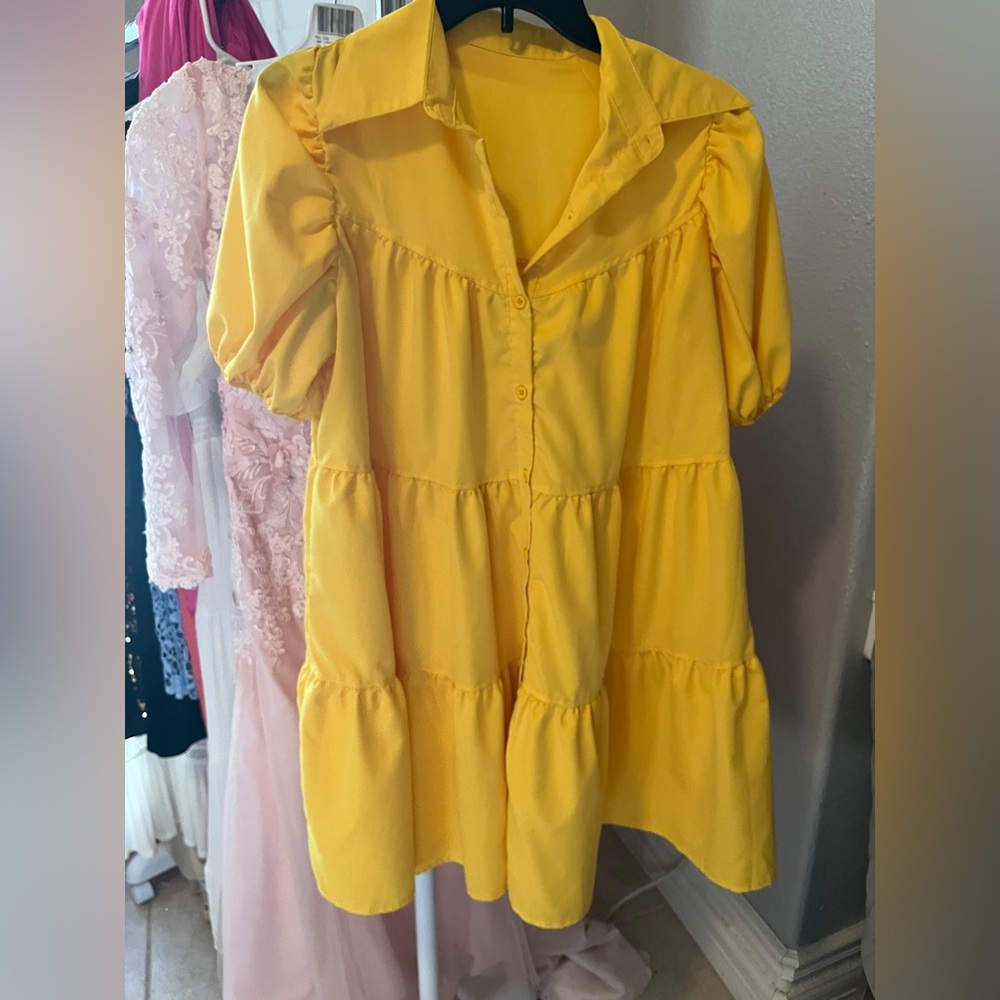 Yellow Button-Up Tiered Dress